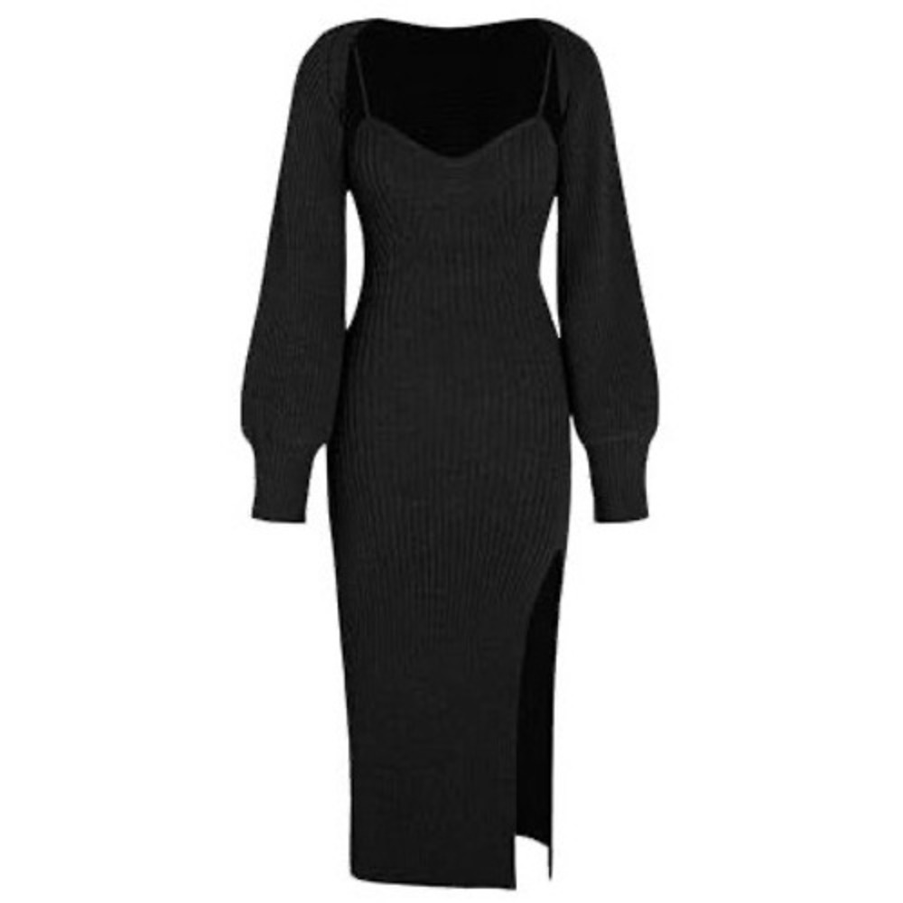 Cider Knit Side Slit Midi Dress Set Large Black Ribbed Puff Sleeve Shrug Elegant